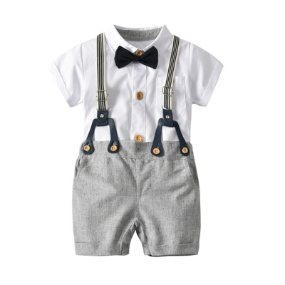 

Kids Baby Boy 3Pcs Set Lapel Solid Color Button Cotton Short-Sleeved T-Shirt Jumpsuit Bib PantsBow Tie Outfits Gentleman Suit