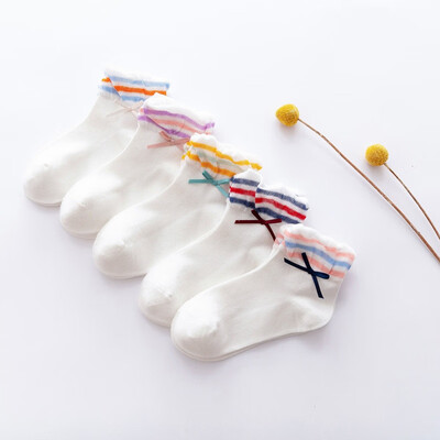 

5 pairslot Baby Kids Girl Breathable Socks Spring Cute Striped Heart Print Soft Cotton Socks