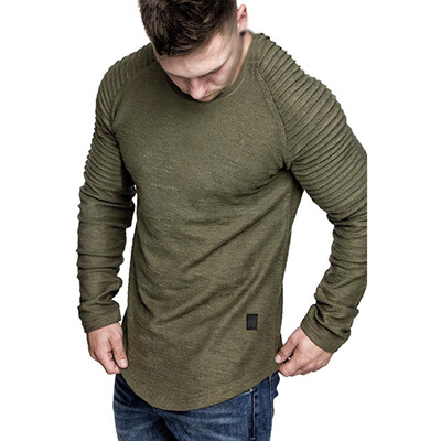 

Mens Muscle Pleated Long Sleeve Tops Round Neck Summer Slim T-Shirt Blouse