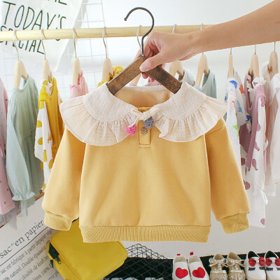 

2019 Children Winter Baby Girls Solid Color Sweater Long Sleeves Casual Lapel Plus Velvet Sweet Tops