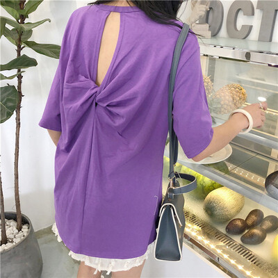 

Sexy Backless Personality Loose Short-sleeved Solid T-shirt For Women Round Neck Hollow Out Summer T-shirts Trend Fashion Tops