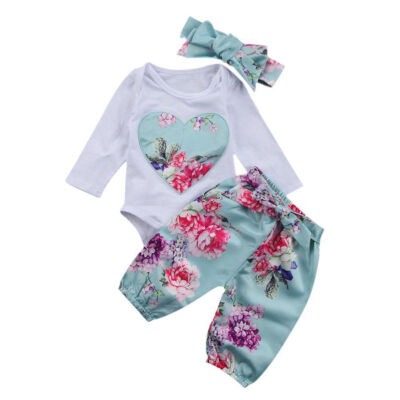 

3 PCS Set Newborn Baby Girls Clothing Set Flower Clothes Floral Full Sleeve Bodysuit One-piece Jumpsuit Pants Headwear