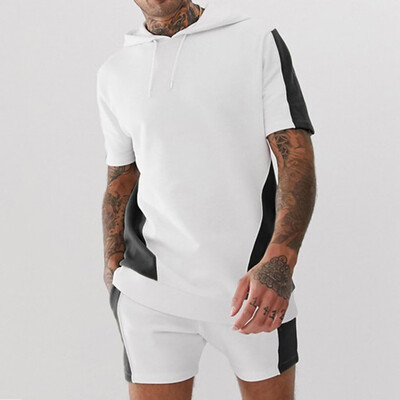 

Toponeto Men Shirt&Shorts Hooded Outfit Pocket Sports Color Block Two Piece Set