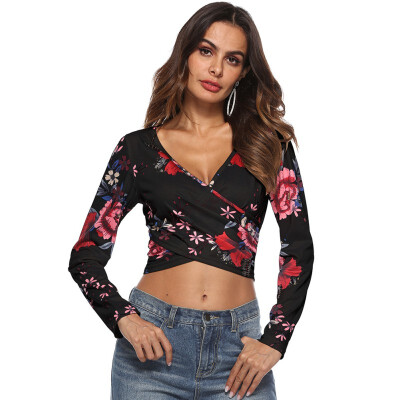 

Sexy Cross Wrapped Chest Exposed Female T-shirt New Print Long Sleeve T-shirt Woman V Neck Exposed Umbilical Tees Casual Tops