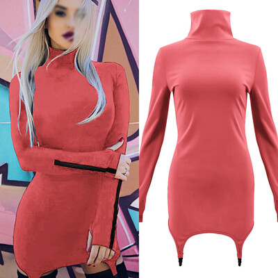 

Sexy Womens High Collar Fluorescent long Sleeve Dress Knitted Fabric Skinny Bag Hip High Waist Party Dress