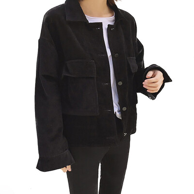 

2020 New Women Spring Autumn Lapel Long-Sleeved Solid Color Coat Loose Casual Pocket Corduroy Jacket