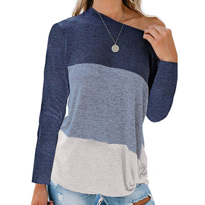

Female T-shirt Color Matching Women T-shirts Skew Collar Long Sleeve Ladies Tops Shirt Autumn Winte Casual Loose Tee Tops