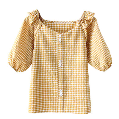 

V Neck Womens Shirt Short Sleeve Plaid Casual Blusa Feminina Sweet Cotton Female Ruffles Blouse Tops blusas mujer de moda