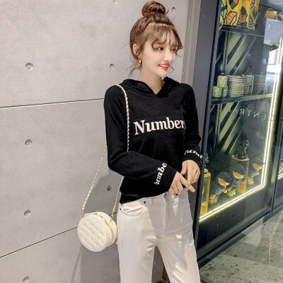 

Women Hooded Autumn Simple Long Sleeve Letter Print Loose Hooded Sweet Solid Color New Hooded Pullover Hooded Tops