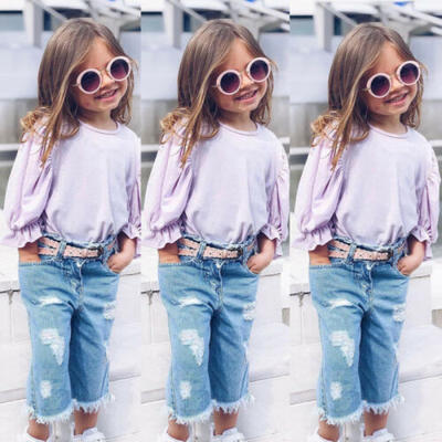 

US Baby Girls Shirt Long Sleeve TopsRipped Jeans Denim Pants Outfits Clothes X