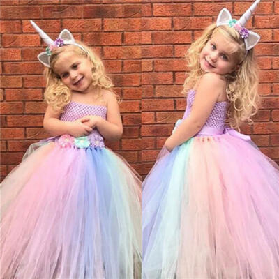 

Kids Girls Unicorn Party Cosplay Costume Fancy Tutu Dress Wing Headwear UK