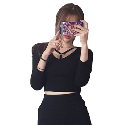 

Women Ring Round Low Neck Long Sleeve Short T-shirt Spring Autumn Sexy Slim Top