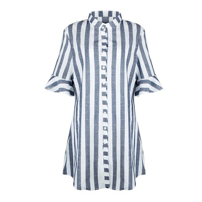 

2018 New Arrivals Women Button Long Shirt Female Tops Fashion Women Blue White Striped Half Ruffle Sleeve Stand Collar Blouse