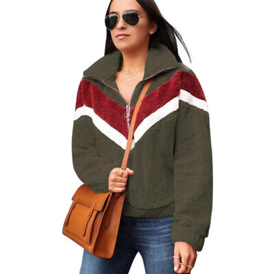 

Women Long-Sleeves Autumn Winter Zipper Polar-Fleece Contrast Color Coat