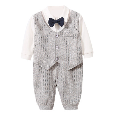 

Spring Autumn Winter Infant Baby Boys Cotton Long Sleeve Gentleman Fake 2 Piece Romper Casual Vest Bowknot Solid Color Rompers