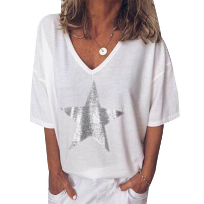 

Plus Size Summer Women Star V Neck Short Sleeve T-Shirt Solid Color Loose Top