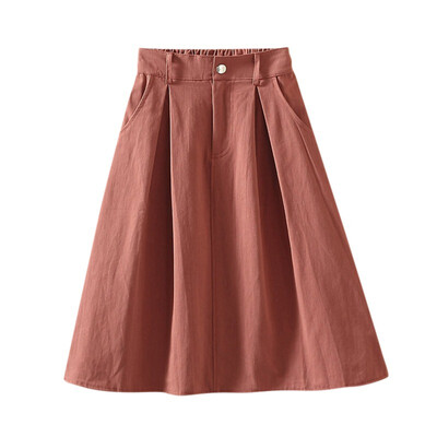

New Japan Style Pocket buttons Washed Cotton Pleated Skirt Women ladies elastic Waist chic casual Knee-Length Female skirt