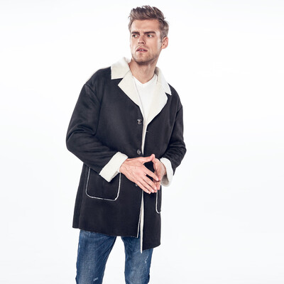 

Toponeto Winter Mens Fleece Collar Composite Lamb Fur Casual Single Breasted Windbreaker