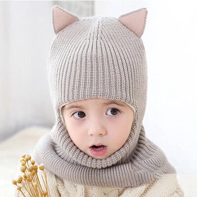 

6 Colors Kids Baby Boy Girl Hooded Scarf Caps Hat Winter Warm Knit Flap Cap Scarf