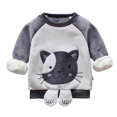 

Childrens sweatshirts Cat print Cartoon Long Sleeve O neck Baby Autumn winter Plus velvet thicken Kids tops toddler sweatshirts