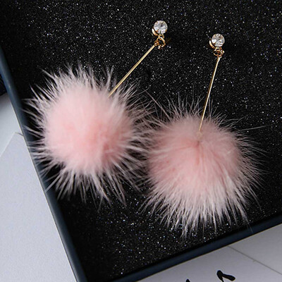 

New Korean Fashion Accessories Pompom Fur Ball Long Earring Mink Hair Drop Crystal Earrings Set for Women