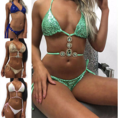 

Women Sequin Rhinestone Crystal Push-up Bikini Set Swimsuit Swimwear Bathing US