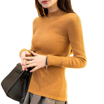 

Solid Color Sweater High Neck Knitted Jumper Women Long Sleeve Slim Tops