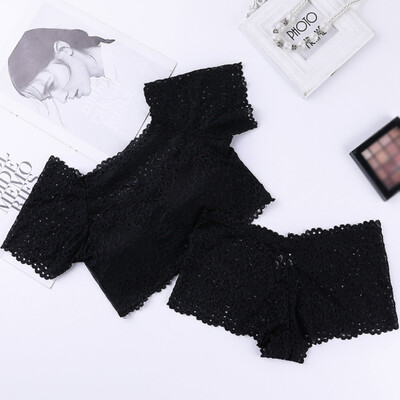 

Women Underwear Set Off-the-shoulder High-elastic Mesh Anti-glare Female Vest Underwear Set Short-sleeved Vest Boxer