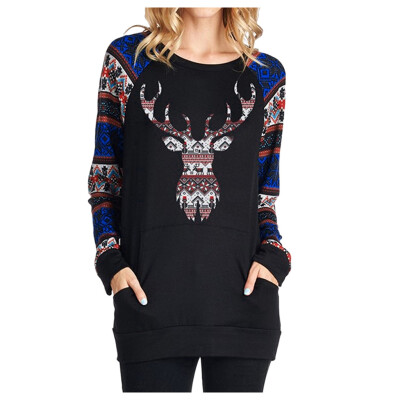 

Tailored Womens Fashion Long Sleeve Christmas Elk Print Blouse T-shirt Tops