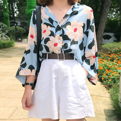 

Summer Floral Blouse Shirt Women Long Sleeve Tops Navy Blue Shirts Blouses floral printed Turn-Down Collar Blusas Femininas