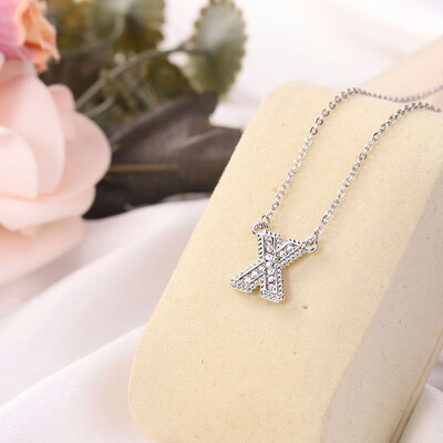 

Fashion Women 26 Double Sided English Alphabet Diamond Silver Color Necklace