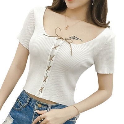 

Women Middle Bandage Short Crop Top Solid Knitted Short Sleeve T Shirt Tees