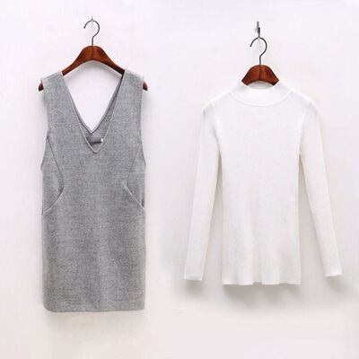 

Autumn And Winter Women Two Piece Set Korean Style Long Sleeve T-shirtSlim Strap Dress Solid Color Female Preppy Outfits