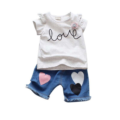 

Summer new childrens clothing baby girls clothes English print short-sleeved T-shirtdenim shorts two-piece