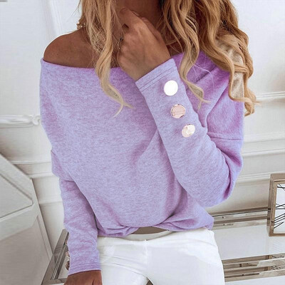 

Women Loose Slash Neck Tops Off Shoulder Long Sleeves Solid Pullovers Autumn Spring Sweatshirt Casual Tops Outwear