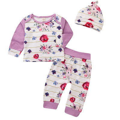 

autumn casual cute flowers print three-piece set long sleeve top pants hat three-piece baby girls suit