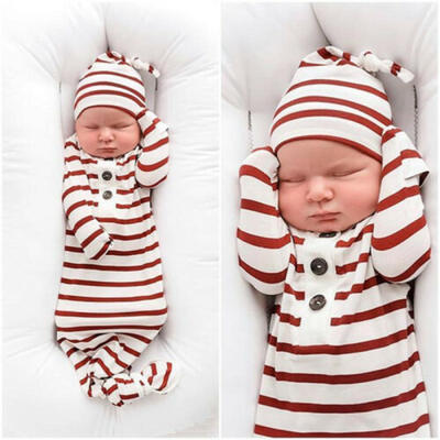 

Newborn Infant Baby Girls Boys Cotton Striped Sleeping Swaddle Bag Blanket Hat