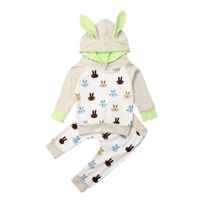 

Adorable Newborn Baby Boy Girl Outfits Bunny Ear Printed Hoodie Sweatshirts Tops Long Pants Clothes 2PCS