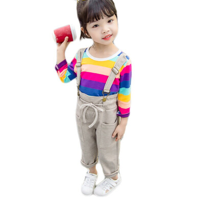 

Autumn Baby Girl Clothes Outfits Long Sleeve Rainbow Striped SweatshirtStrap Trousers Casual Sets