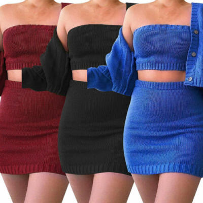 

Womens Knitted Tube Tops Coat Skirt Outfits Two Piece Bodycon Party Mini Dress