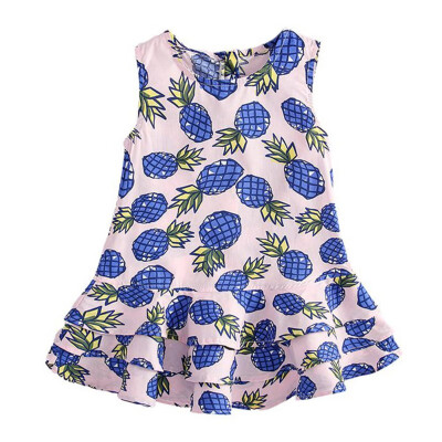 

Children Summer Comfortable Dress Cartoon Pineapple Print Sleeveless Round Collar Casual Lotus Dress 2019