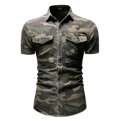 

Toponeto Mens Casual Camouflag Slim Fit Button Shirt Pocket Short Sleeve Tops Blouse