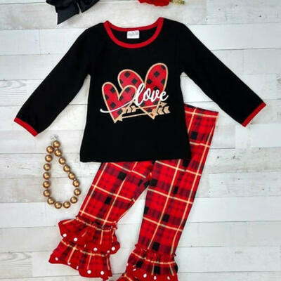 

Toddler Baby Kids Girl Clothes Long Sleeve Top T-shirt Plaid Ruffle Pants Outfit