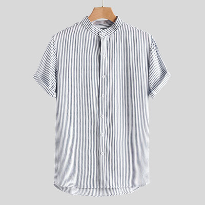 

Toponeto Mens Stand Collar Stripe Summer Short Sleeve Loose Buttons Casual Shirt Blouse