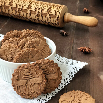 

Rolling Pin Wooden Christmas Print Engraving Embossed Cookie Stick Roller Type Kneading Dough Baking Soft Wooden Needle Cake Too