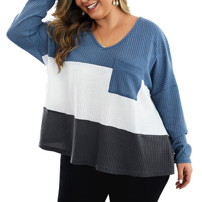 

Autumn Winter Cotton Long Sleeve Knitted Pullovers Tops Women Fashion Patchwork Sweater Femme Plus Size V-neck Pocket Sweaters
