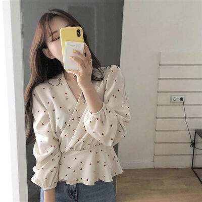 

Chiffon Shirt Female Long Sleeve Love Print Cute Temperament Han Fan Comfortable Breathable Wild Fashion Beautiful