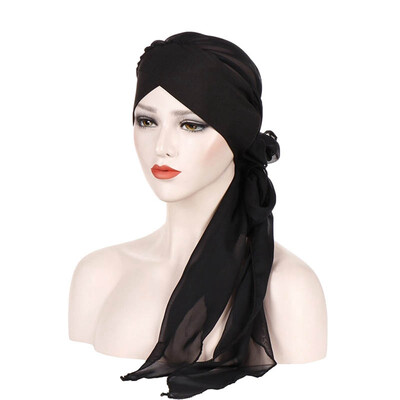 

Summer Pure Color Muslim Bonnet Hijab Forehead Cross Chiffon Long Tail Turban Hat Chemo Cap Head Scarf