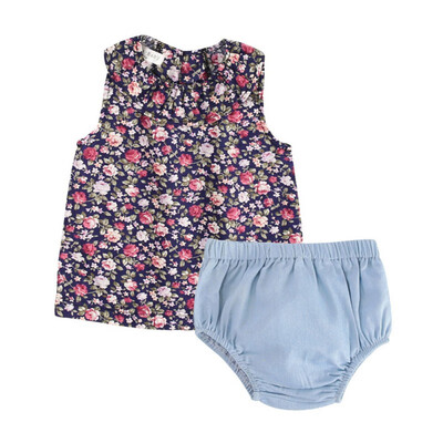 

Hot Sale New Arrive Sleeveless Tops Triangle Shorts 2 Piece Baby Girl Set Blue Floral Pattern Baby Girl Clothes Set