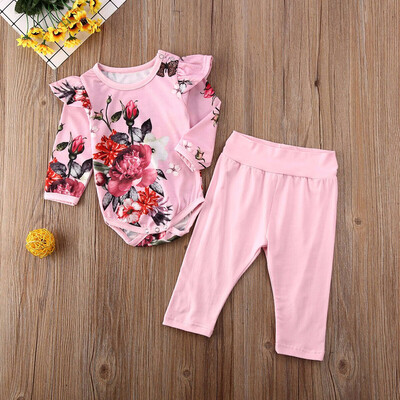 

Infant Baby Girl Kid Flower Fly Sleeves Jumpsuit Tops Trousers Cotton Clothes